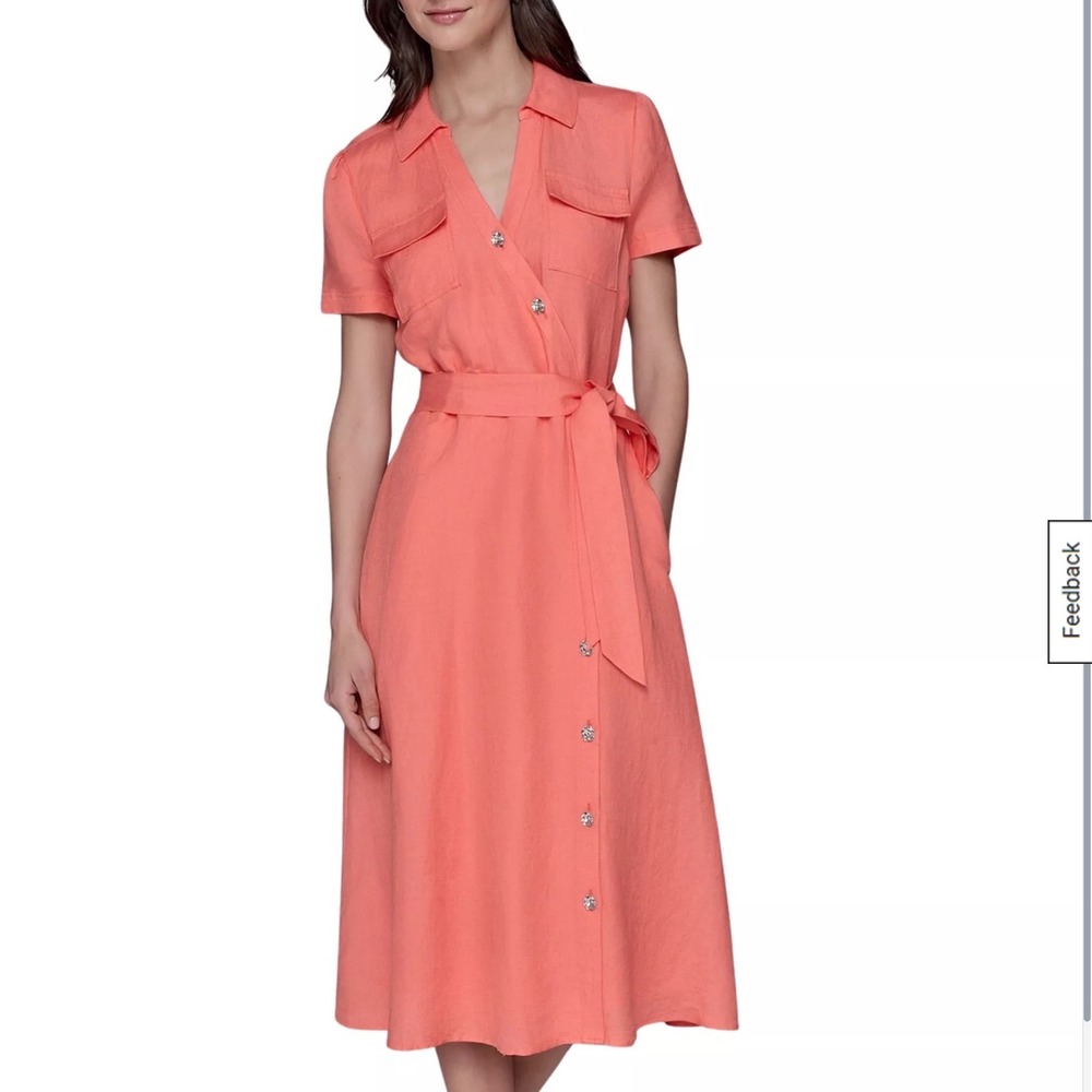 Karl Lagerfeld Fusion Coral Pink Linen Blend Midi Shirt Dress Buttons 12